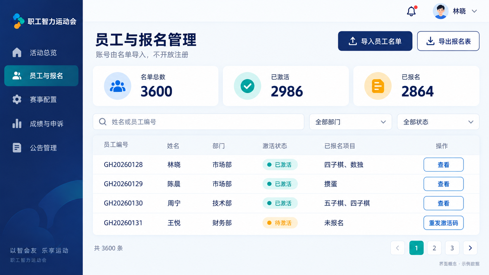 员工与报名管理界面概念图